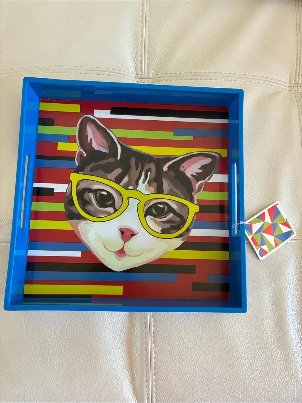 Blue Cat Serving Tray with Yellow Glasses - Decorative Home Accent